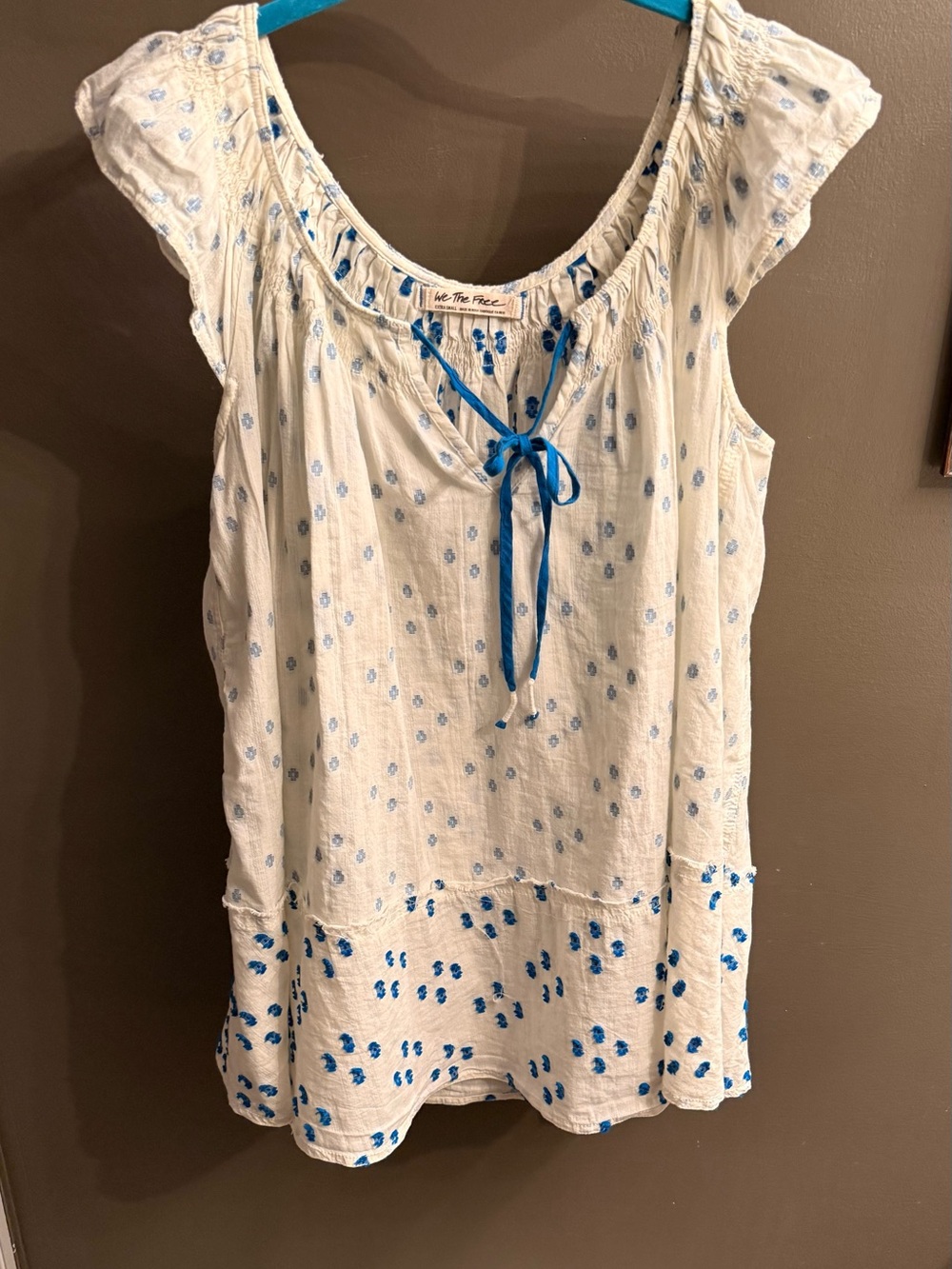 We The Free White Tank Top with Blue Dot Print and Tie